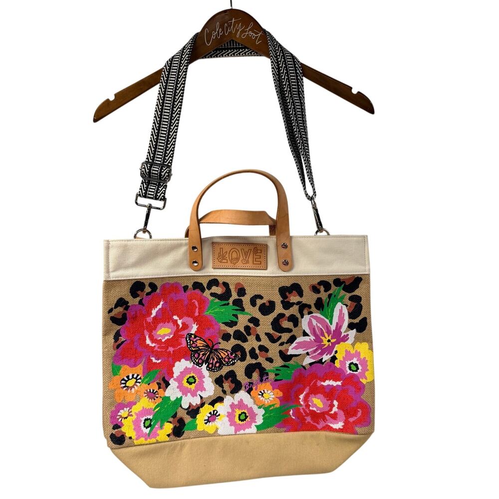 Brighton Bag Jute Tote Bag Purse Painted Flowers Butterfly Animal Print Colorful